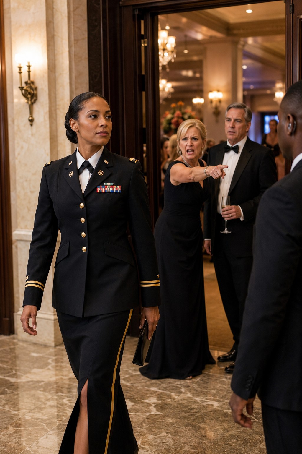 I Walked Into My Father's Luxury Hotel Gala in Full Military Dress Uniform. My Stepmother Pointed at Me and Snapped, "Security, Throw Her Out." My Father Just Held His Champagne and Said Nothing. By Midnight, One Call to My Lawyer Put the Hotel, the Land Beneath It, and $24 Million Back in My Name.