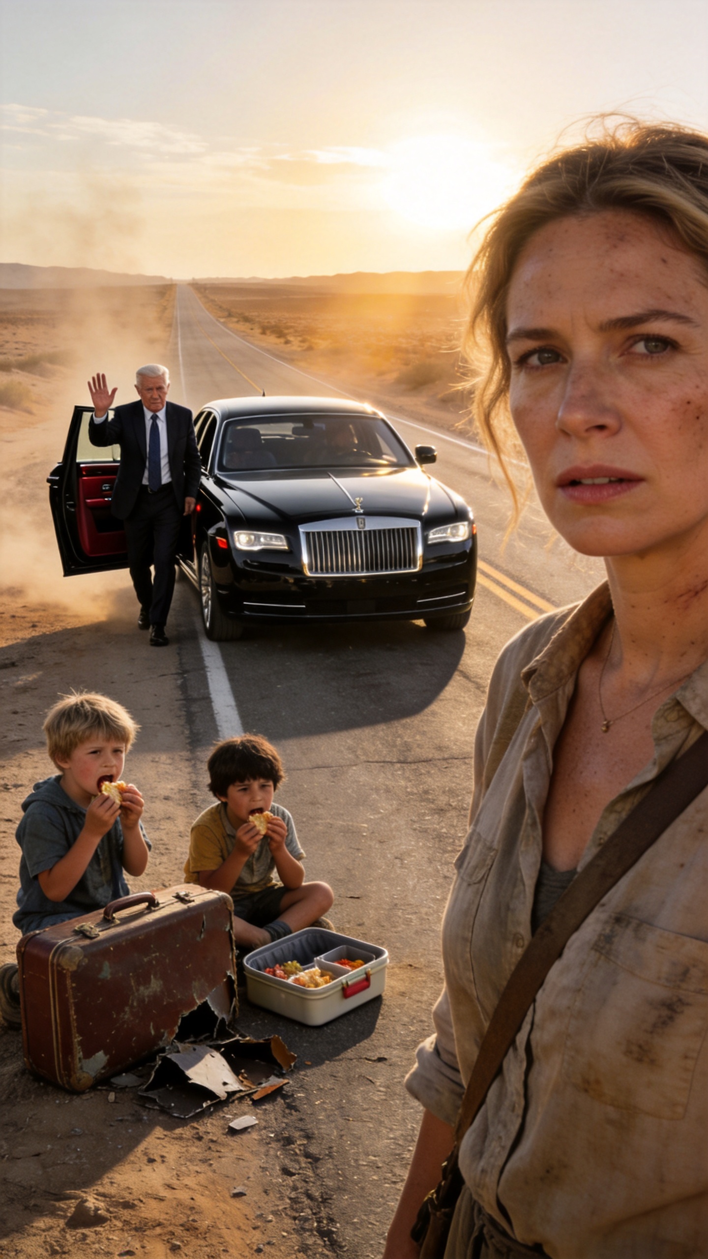 While I Stood On A Deserted Highway With Two Hungry Children And A Broken Suitcase, A Billionaire's Black Sedan Stopped Beside Me. I Asked For Work, But He Said, "Marry Me First"