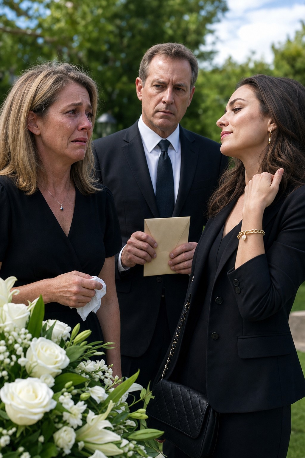 As we buried my daughter under white roses, my son - in - law's mistress showed me the bracelet she'd stolen from my daughter and said, Now I won. I didn't reply; I just told the lawyer to read the sealed letter