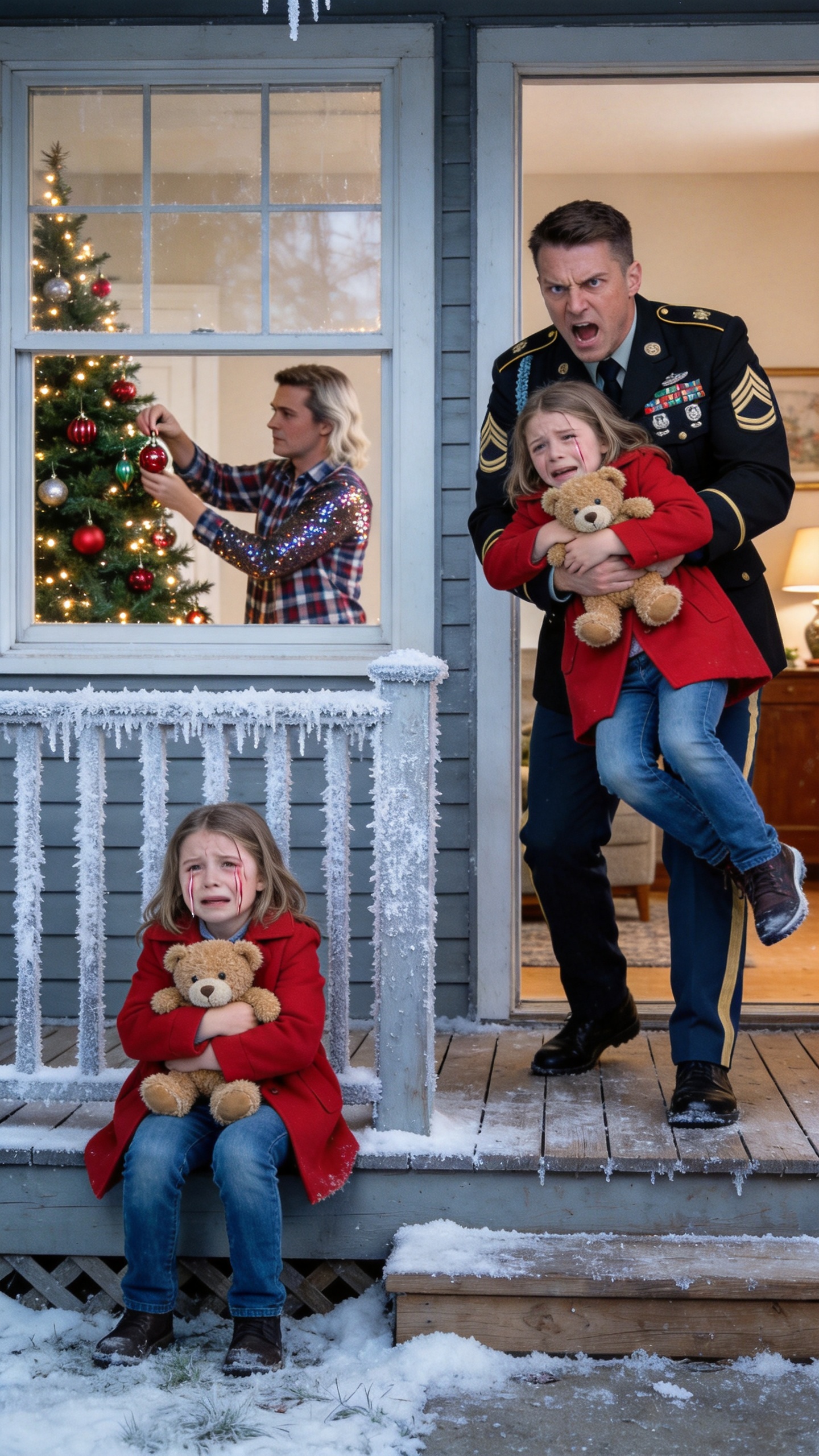 I returned from my military deployment early to surprise my family for Christmas, only to find my little girl sitting on the freezing porch, clutching her teddy bear. 'Daddy said we don’t belong here anymore,' she whimpered. Looking through the window, I saw him helping his mistress decorate our family Christmas tree. I didn't bother knocking. I just scooped up my daughter and said, 'Come with Mom.' They had absolutely no idea they had just made the biggest mistake of their lives.