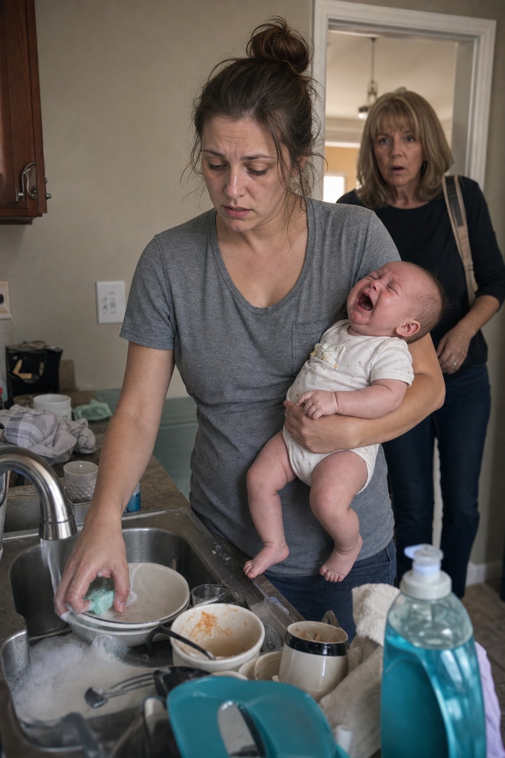 When I got to my daughter's place, she was holding her wailing baby in one arm and tackling a huge pile of dishes with the other, while her husband and mother-in-law sat there like they were in charge, and I made a call that could change everything