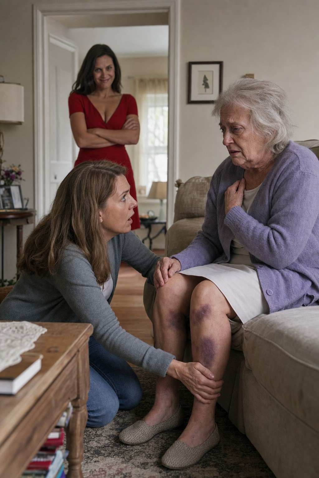 I'll never forget the second I saw my mom's legs full of bruises. My heart shattered. I dropped to my knees before her and softly asked, "Who did this to you?" Before she could reply, the lady in the red dress grinned from the doorway