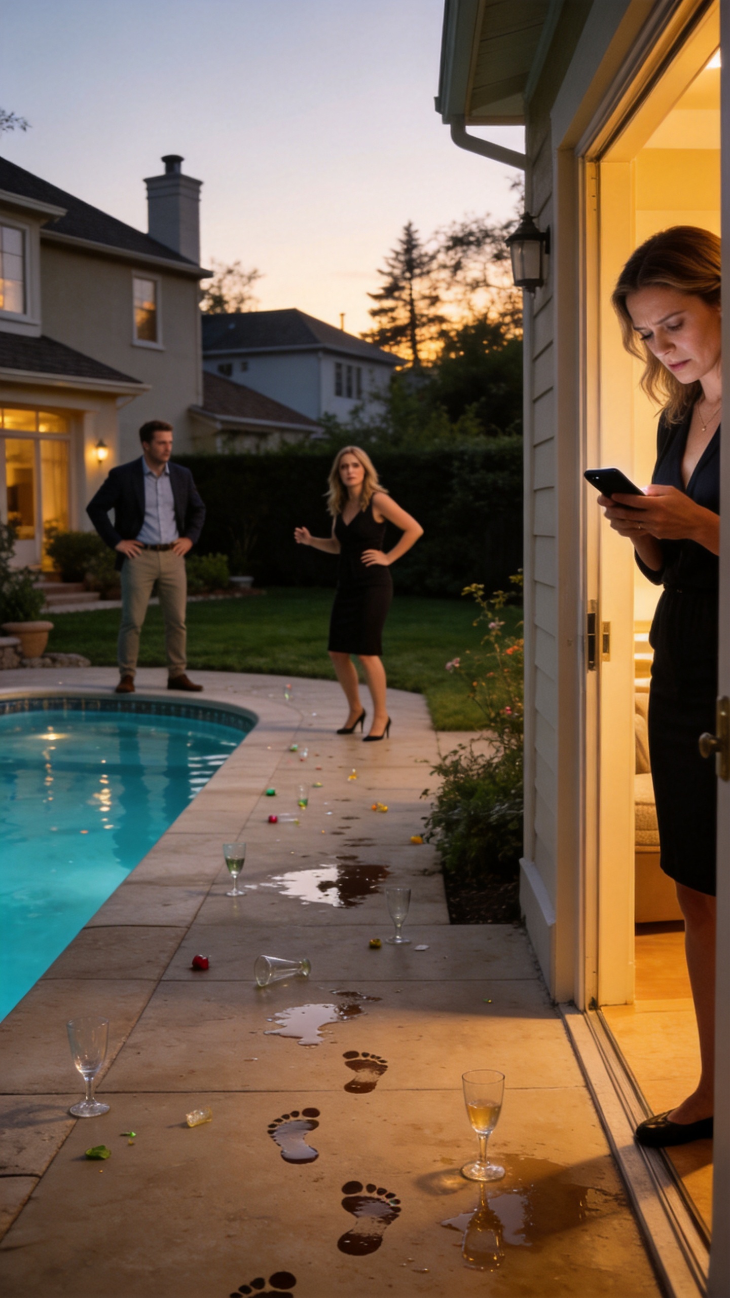At 5:42 p.m., I found my husband in our $18,000 backyard pool with the neighbor who borrowed sugar every Tuesday. He whispered, “Don’t make a scene.” So I picked up their clothes, pressed one button, and let the whole subdivision hear the truth.
