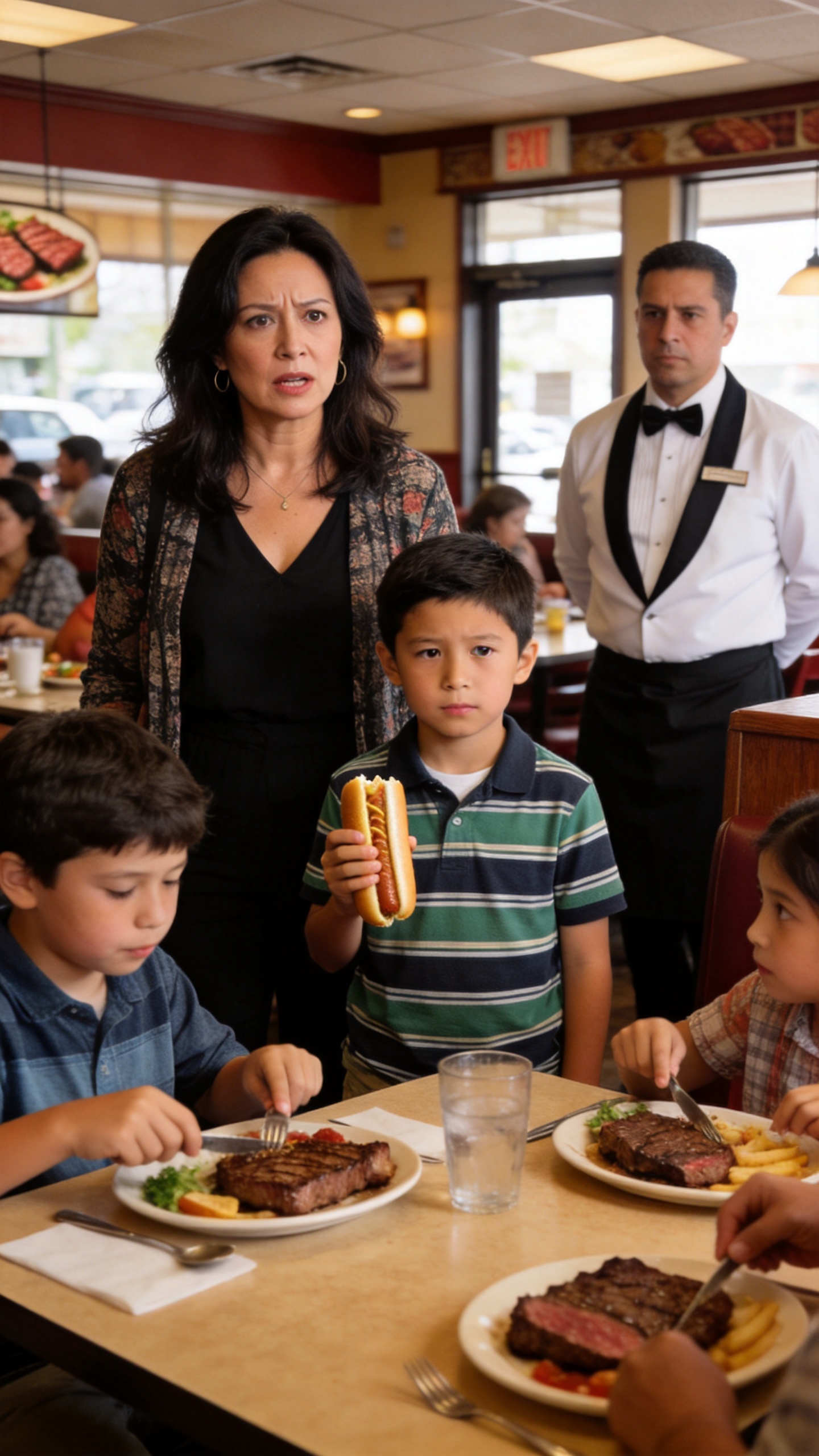 My brother gave my son a hotdog while his kids ate $120 steaks, and mom told me I should have packed food, so when the waiter returned, I stood up and made one announcement that silenced everyone…
