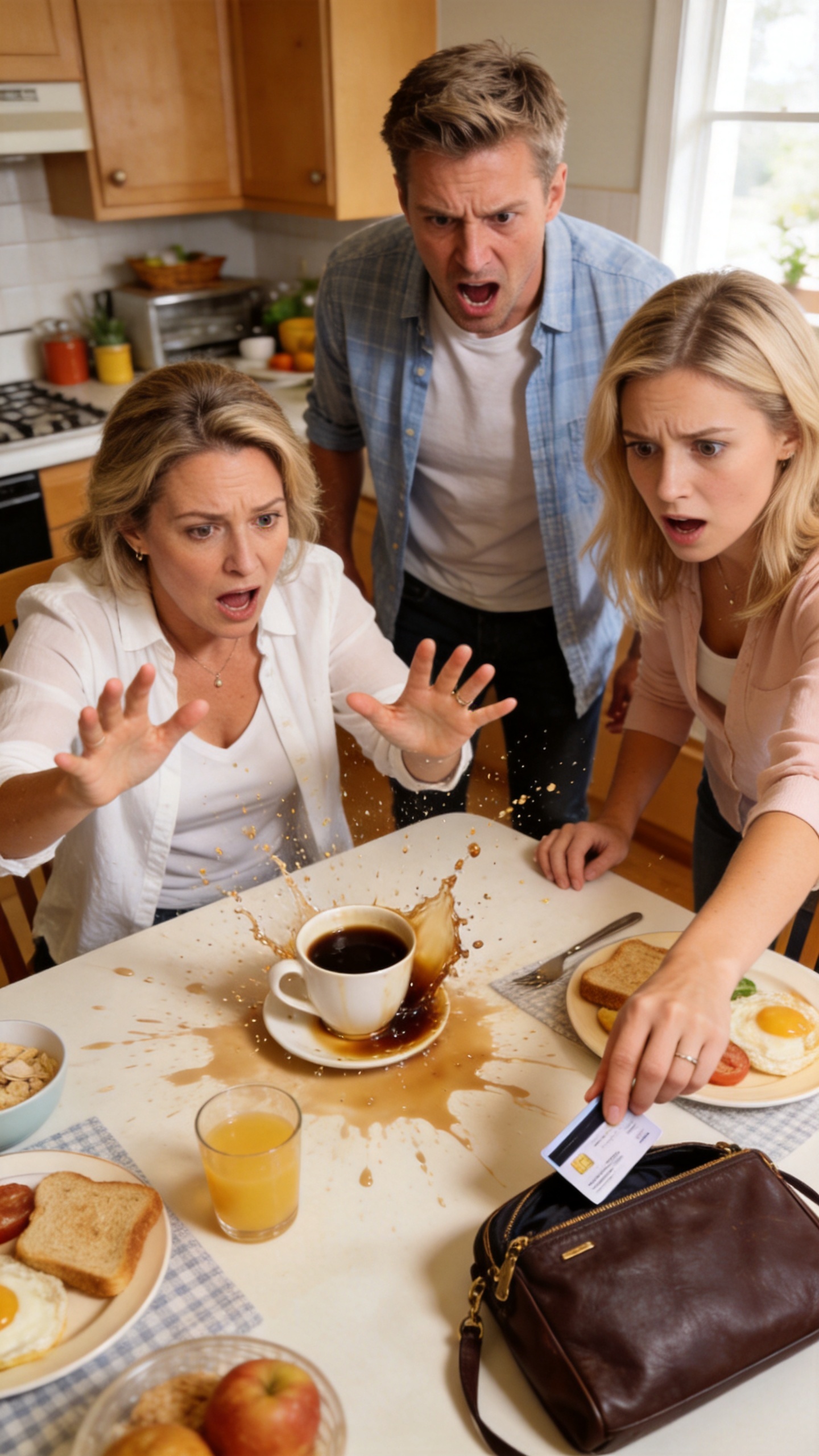 During breakfast, my husband chucked a mug of scalding coffee at me because I wouldn't hand over my bank card to his sister