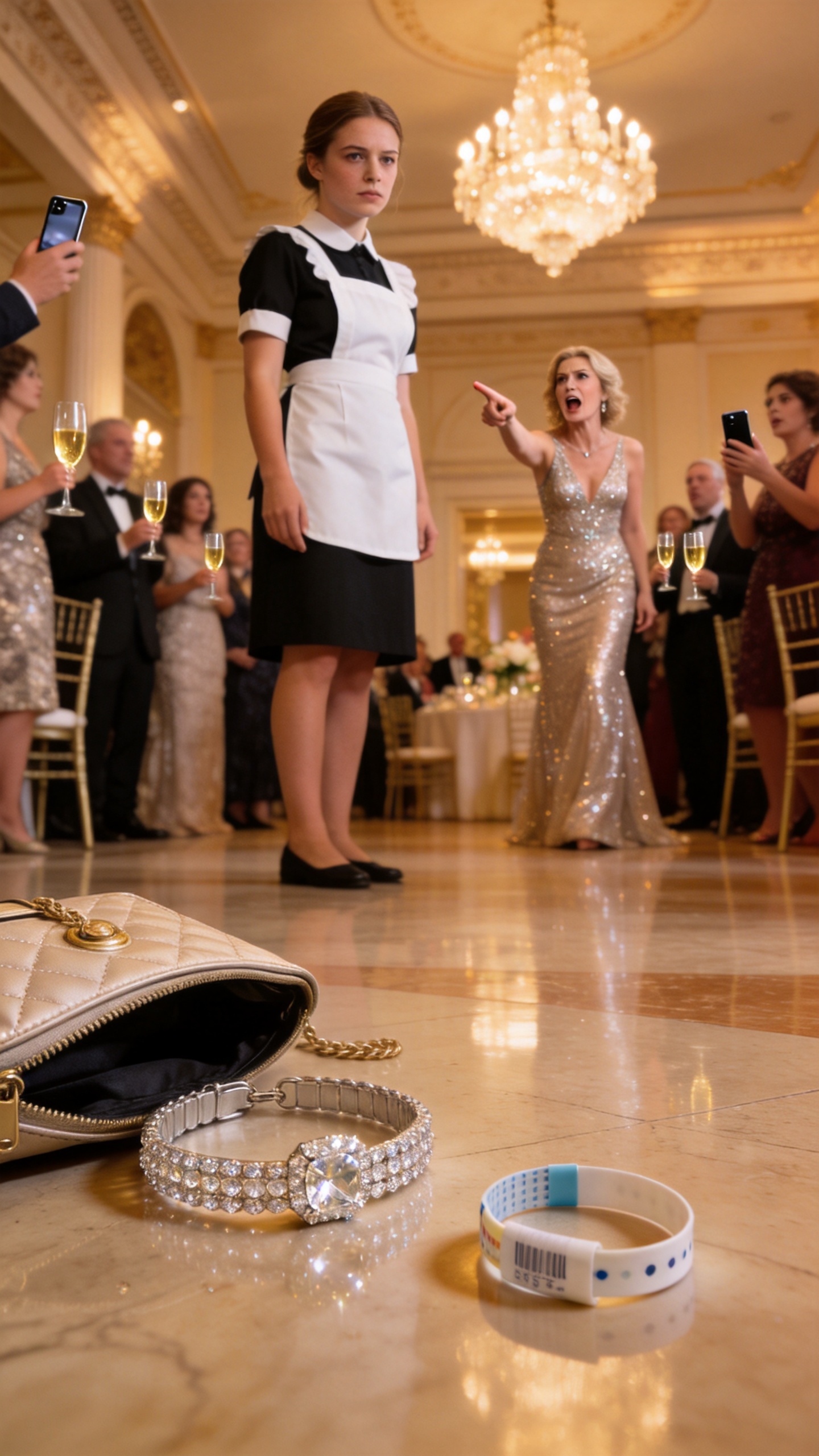 The Billionaire's Wife Screamed “Search Her Bag” And Accused The Maid Of Stealing Her Diamond Bracelet In Front Of The Gala, But When The Bag Fell Open And A Hospital Bracelet Rolled To Her Feet, The Secret She Buried For Twenty-Three Years Called Her Mother