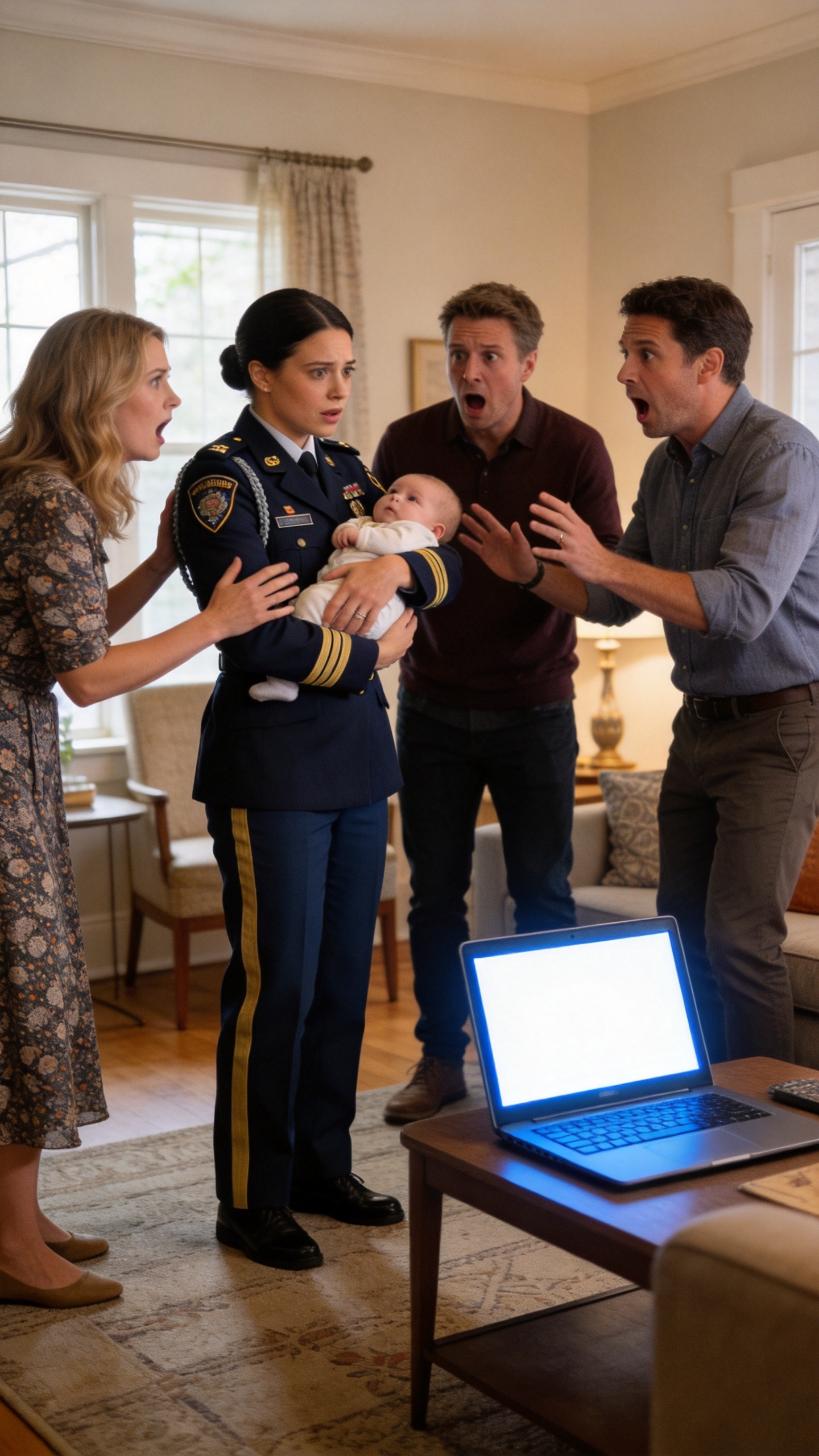 After Four Months Away, I Walked Into My Living Room in Uniform With Our Baby. My Husband Held Up a DNA Report, Told Us to Leave in Front of His Family, Then His Open Laptop Revealed What Had to Happen Before Monday
