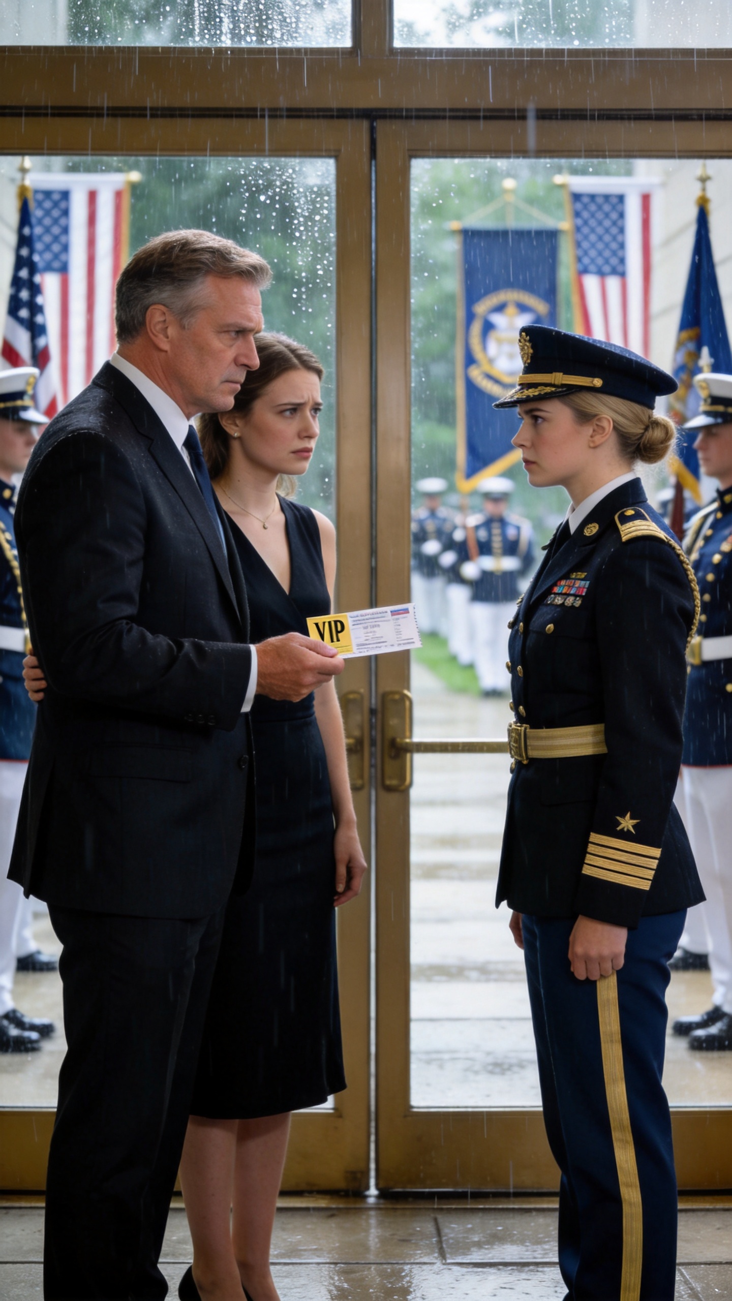 My father snatched the only VIP ticket to my military academy graduation, handed it to my stepsister, and shoved me out into the rain, telling me I didn't even deserve to be there. He thought I was just an insignificant soldier who would get lost in the crowd. What he didn't realize was that the entire ceremony was on hold waiting for me—because I was the Distinguished Graduate, and they couldn't even begin without me.