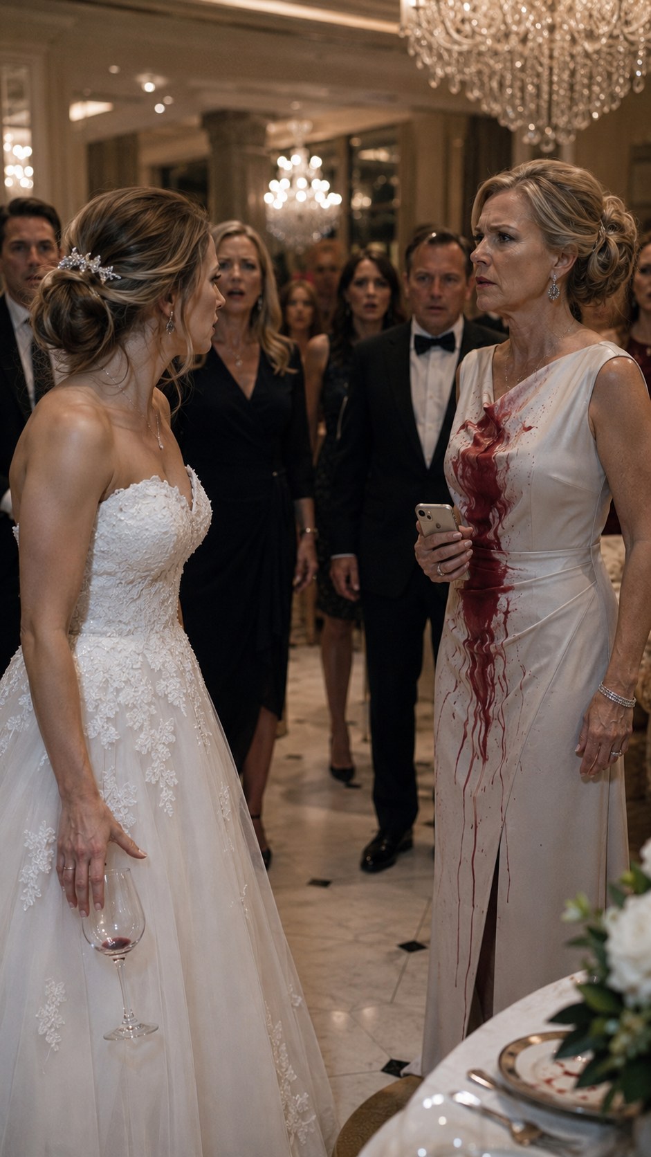 The bride humiliated her stepmother with red wine in the wedding ballroom, until one phone call exposed who truly controlled the family legacy.