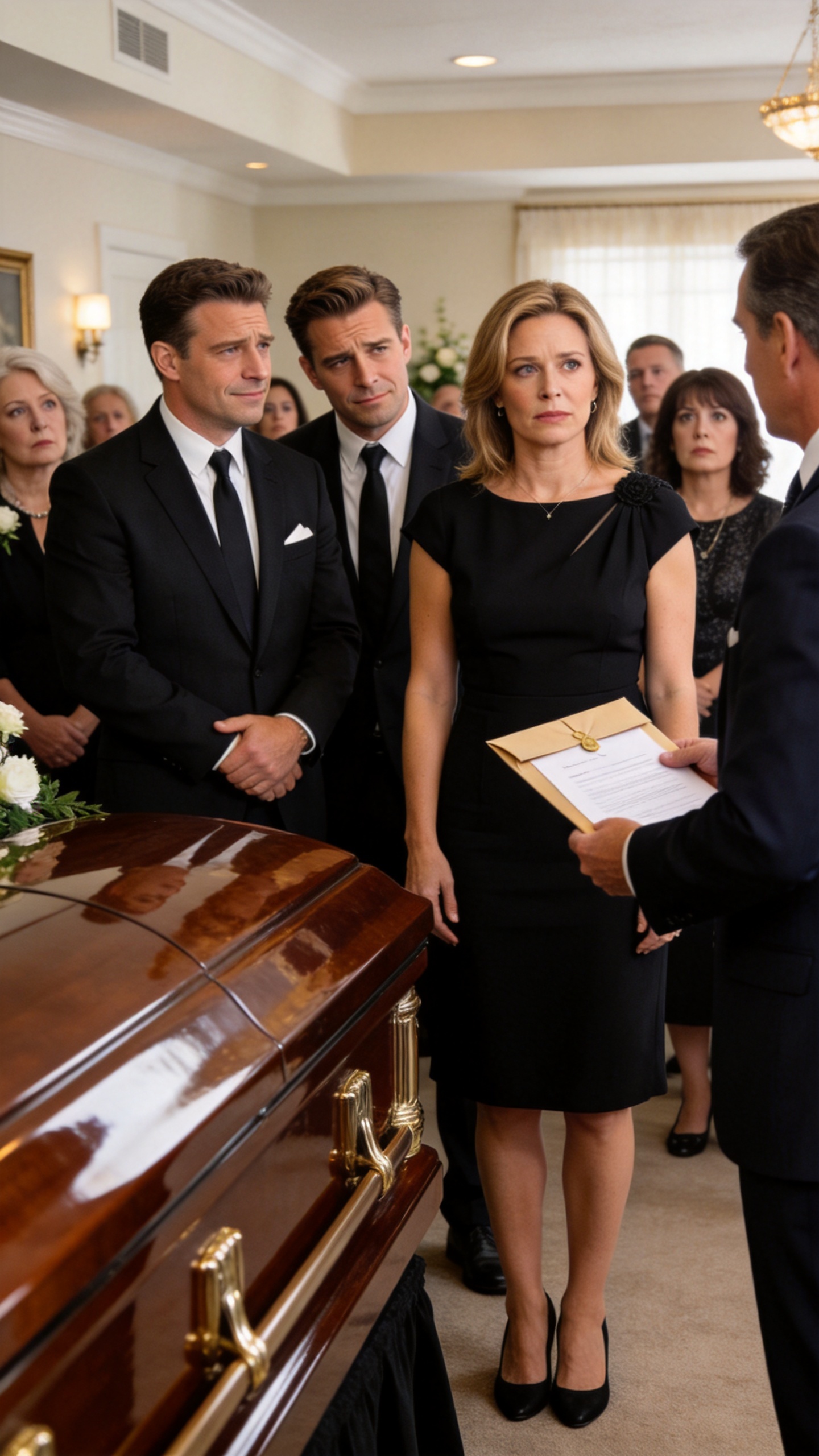 At my father’s funeral, my brothers stood beside his coffin and mocked the black dress I had borrowed. “Dad left everything to us,” the oldest whispered. “You’ll leave here with nothing.”