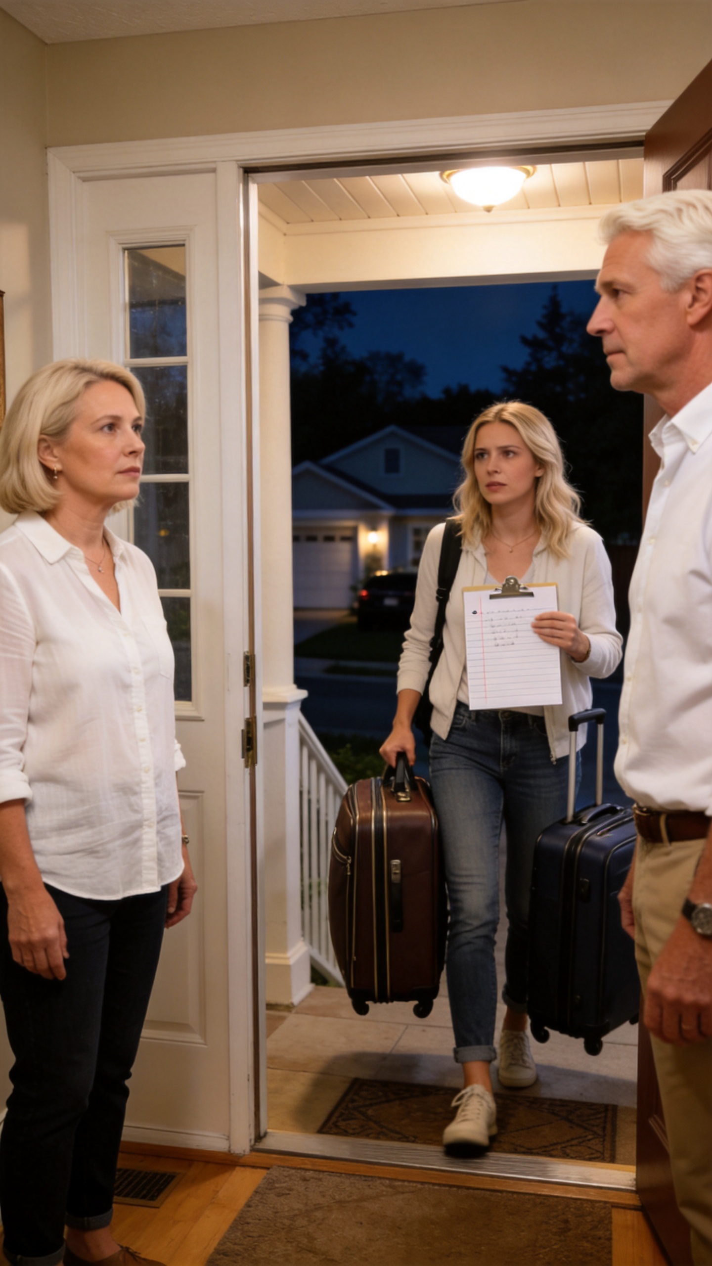 My husband’s daughter arrived late at night with her husband, two suitcases, and the confidence that our home was already hers. She handed me a list of chores while my husband stood silent. I felt humiliated, but I smiled and said, “Okay.” At 6 a.m., everything changed.