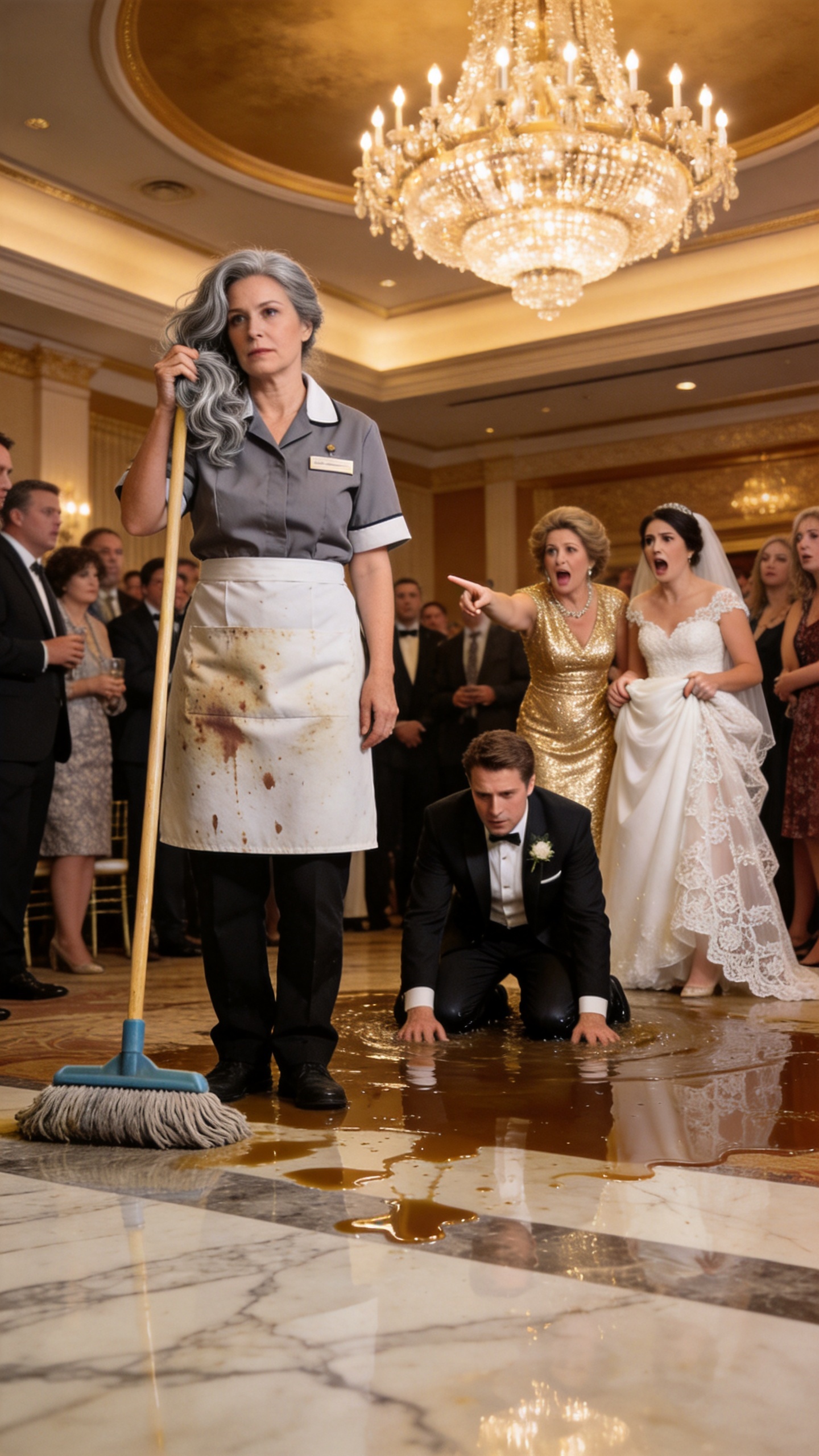 My Mother-In-Law Pointed At The Wet Floor And Snapped, "Make The Janitor Clean It," But When The Groom Dropped To His Knees, Everyone Learned She Owned The Hotel, The Loan, And Their Future