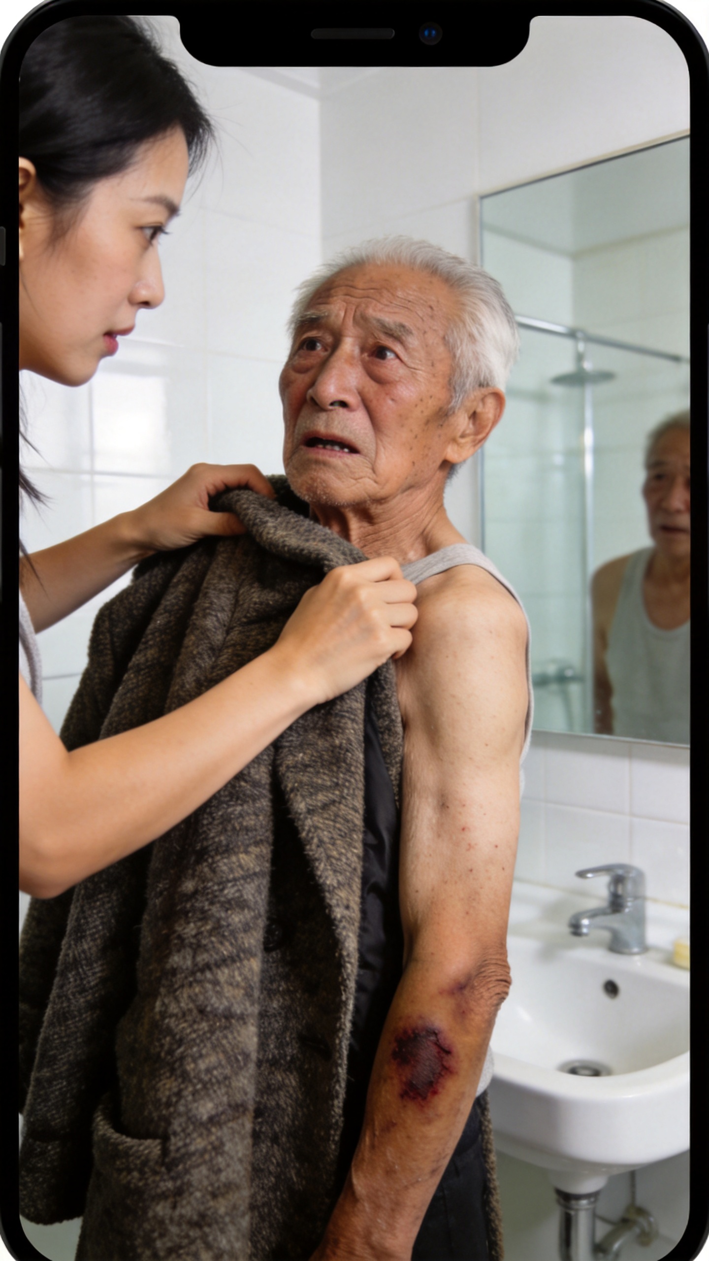 I Visited My Ailing Father, but When I Offered to Help Him Shower, He Cowered in Fear. “Please… Don’t Take off My Jacket,” He Begged, His Body Shaking. Once I Gently Removed It, I Saw Dark Bruises and Rope Burns Marring His Delicate Skin