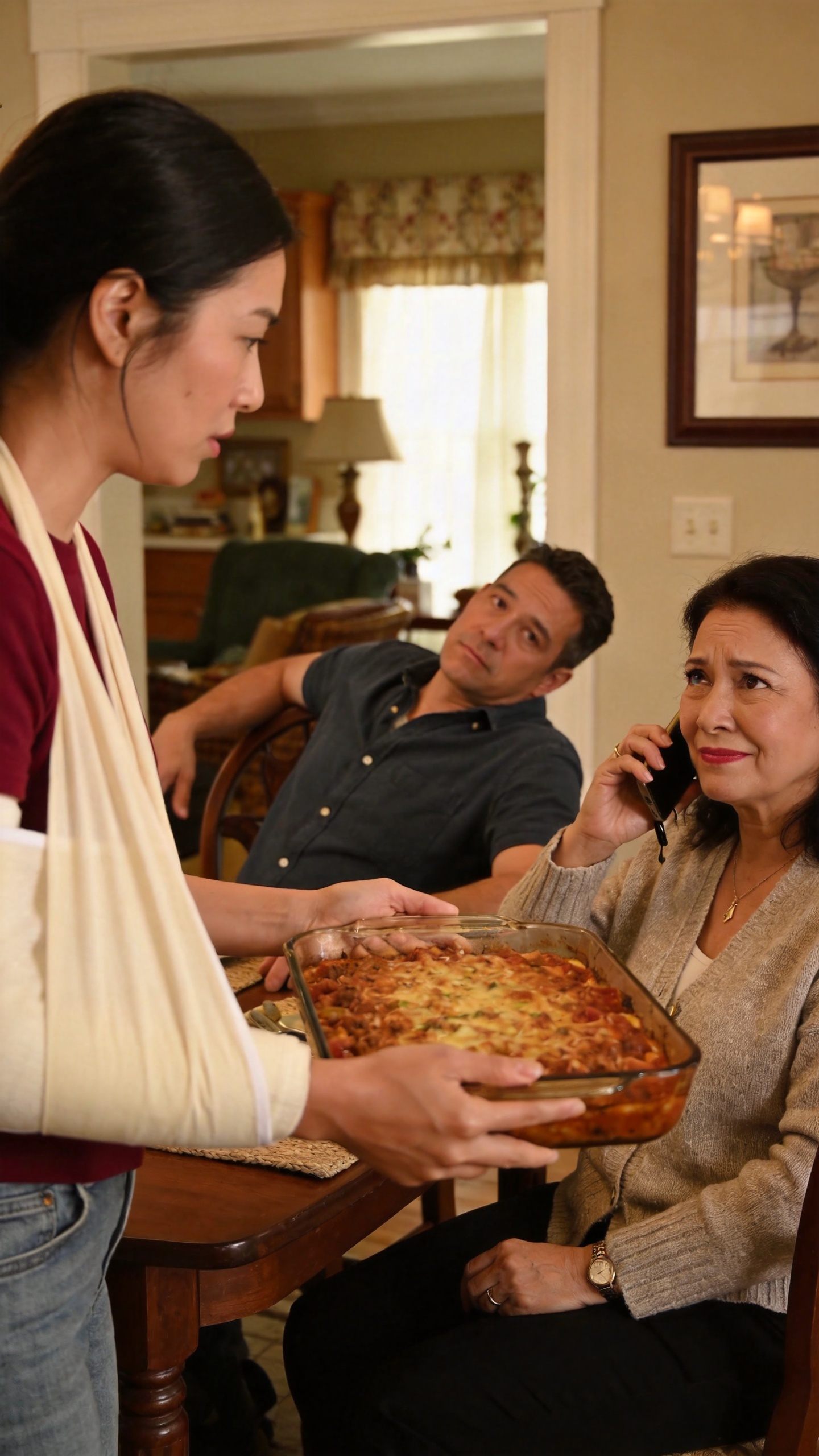 I showed up at my daughter's place for Sunday dinner and was shocked to see her serving with one arm in a sling