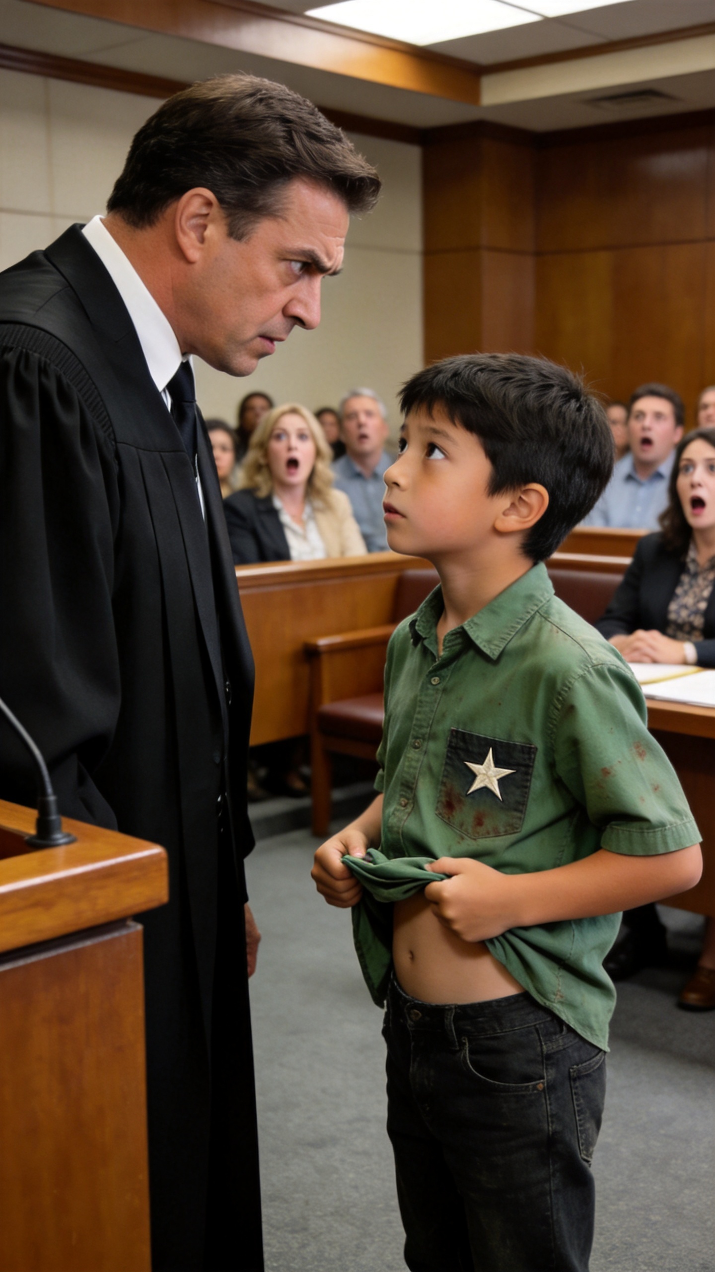 My ex-husband bankrupted me, got me fired, and left us starving. In family court, his lawyer held up a photo of our 8-year-old son in a dirty shirt to claim I'm an unfit mother. 'She can't even provide clean clothes,' the lawyer scoffed. Wearing a $10k watch, my wealthy ex smirked, thinking he'd won. But he never anticipated what my 8-year-old would do. My boy lifted the hem of that dirty shirt and showed the judge something that made my ex's face go deathly pale...