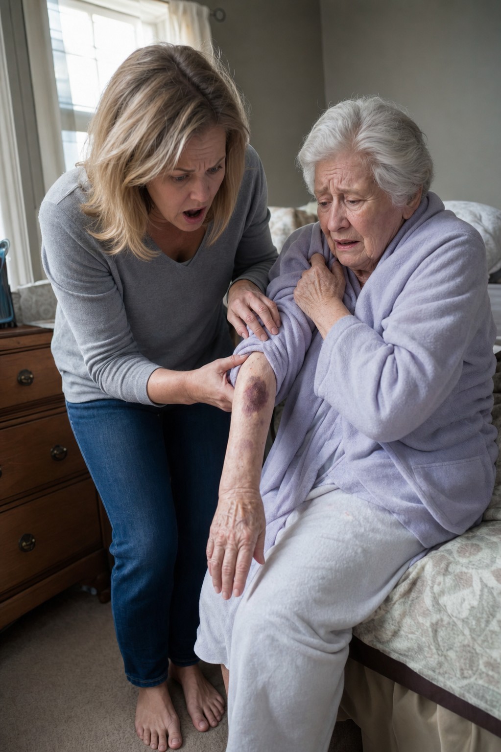 I came home to see my elderly mother and offered to help bathe her, but she shrank back in terror. "Please... don't take off my coat," she pleaded, trembling. When I slipped it off, I saw dark bruises and rope marks on her skin.