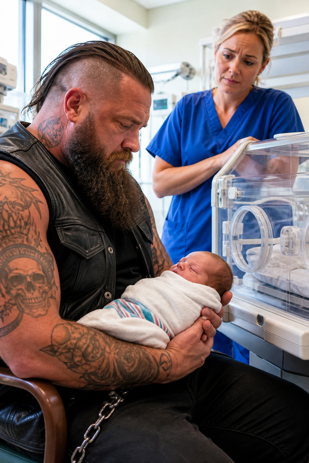 The Whole NICU Fell Silent When a Burly Tattooed Biker Asked to Hold the Unvisited Newborn. But After He Sat in the Same Chair for 12 Hours, Nurses Spotted Something on His Wrist That Revealed a Heart - Wrenching Secret