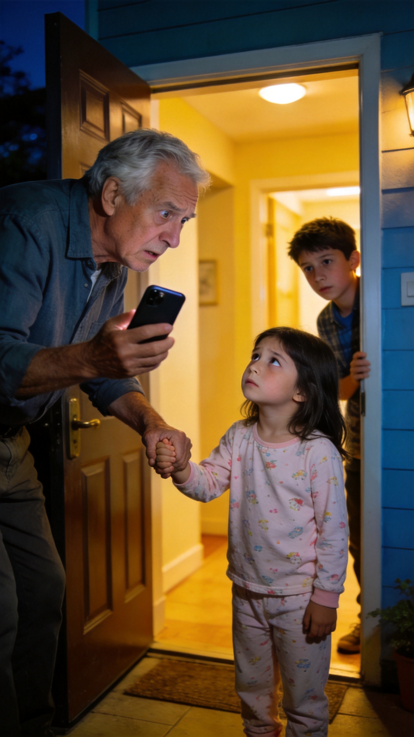 My 9 - year - old granddaughter called me at 2:02 a.m., whispering, “Grandpa, I can’t move.” When I got there, I found her alone, shivering with fever on the floor, next to a note from my son saying, “Don’t call anyone”… but then I heard scratching from the cabinet.