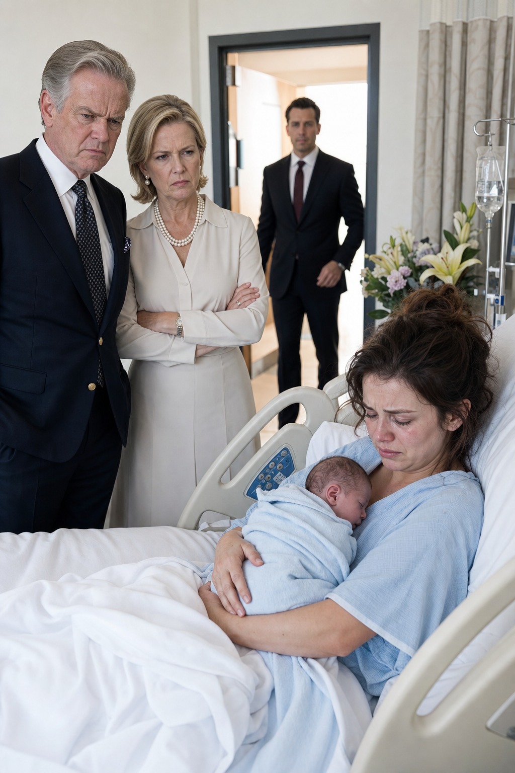 My parents entered my hospital recovery room, glanced at my newborn son, and scoffed, "We'll never recognize a fatherless child." My dad then said, "And we'll never hold that baby." They insisted I sign away my 12% share of the family company before leaving the hospital. I kissed my son, smiled, and waited... since his father - the one who could ruin all they own - was already walking toward my door.