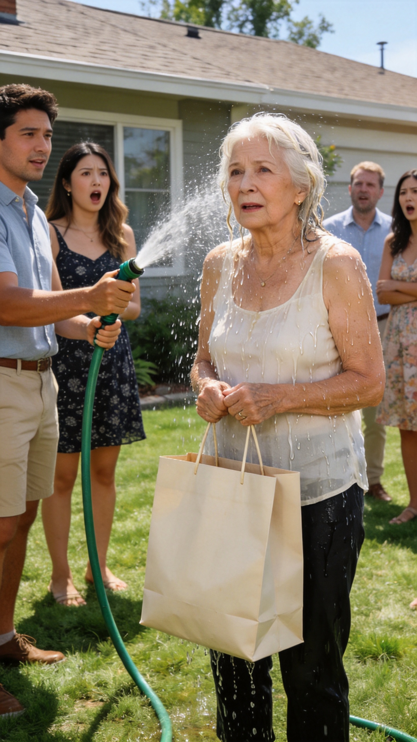 At my son's engagement party, his fiance doused me with a hose in front of thirty guests and sneered: Beggars aren't welcome here. I just held my shopping bag tight to my chest, keeping my phone recording, waiting for her to realize who I truly am.