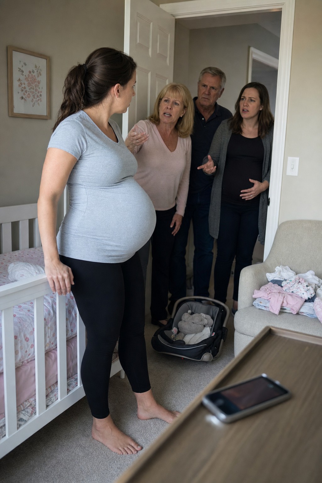 My sister revealed her pregnancy and my parents instantly claimed she should get my unborn daughter's crib, clothes, car seat, and house. When I said no, my father charged at me - and just then, my husband's voice blared through the speaker.