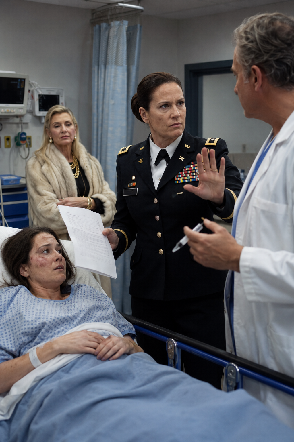 My Daughter Was Bruised, Bleeding, and Trapped in a Windowless ER While a Corrupt Doctor Raised a Syringe to Send Her to an Asylum for Her Billionaire Husband. "Mom, They're Framing Me!" She Sobbed. My Uniform Only Made Her Mother-in-Law Smirk: "We Own the Medical Board." I Stepped Between the Needle and My Child, Pulled the Missing Consent Form From My Pocket, and Let the Hallway Camera Finish What My Rank Did Not Need to Prove. That Was Their Fatal Mistake.