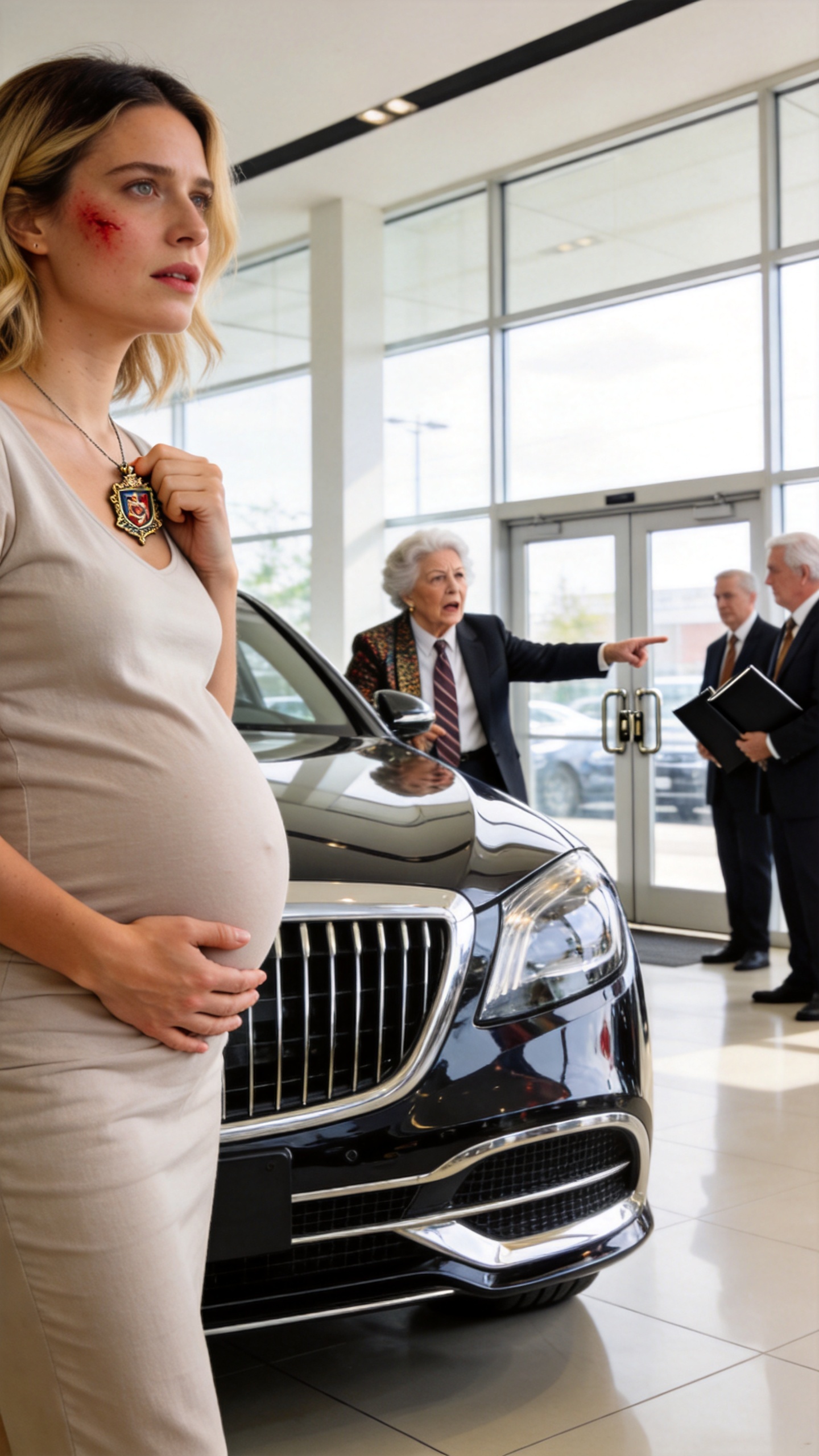 My Mother-In-Law Slapped Me In A Luxury Car Showroom And Snapped, “Don’t Touch That, Trash,” While My Husband Laughed And Told Me To Let The Adults Handle The Paperwork, Until The CEO Saw The Vintage Crest Around My Neck And Locked Every Door